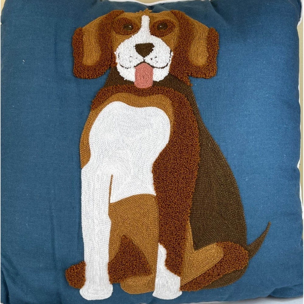 Envogue Home Beagle Dog Crewel Throw Pillow 18x18 Blue Embroidered NWT